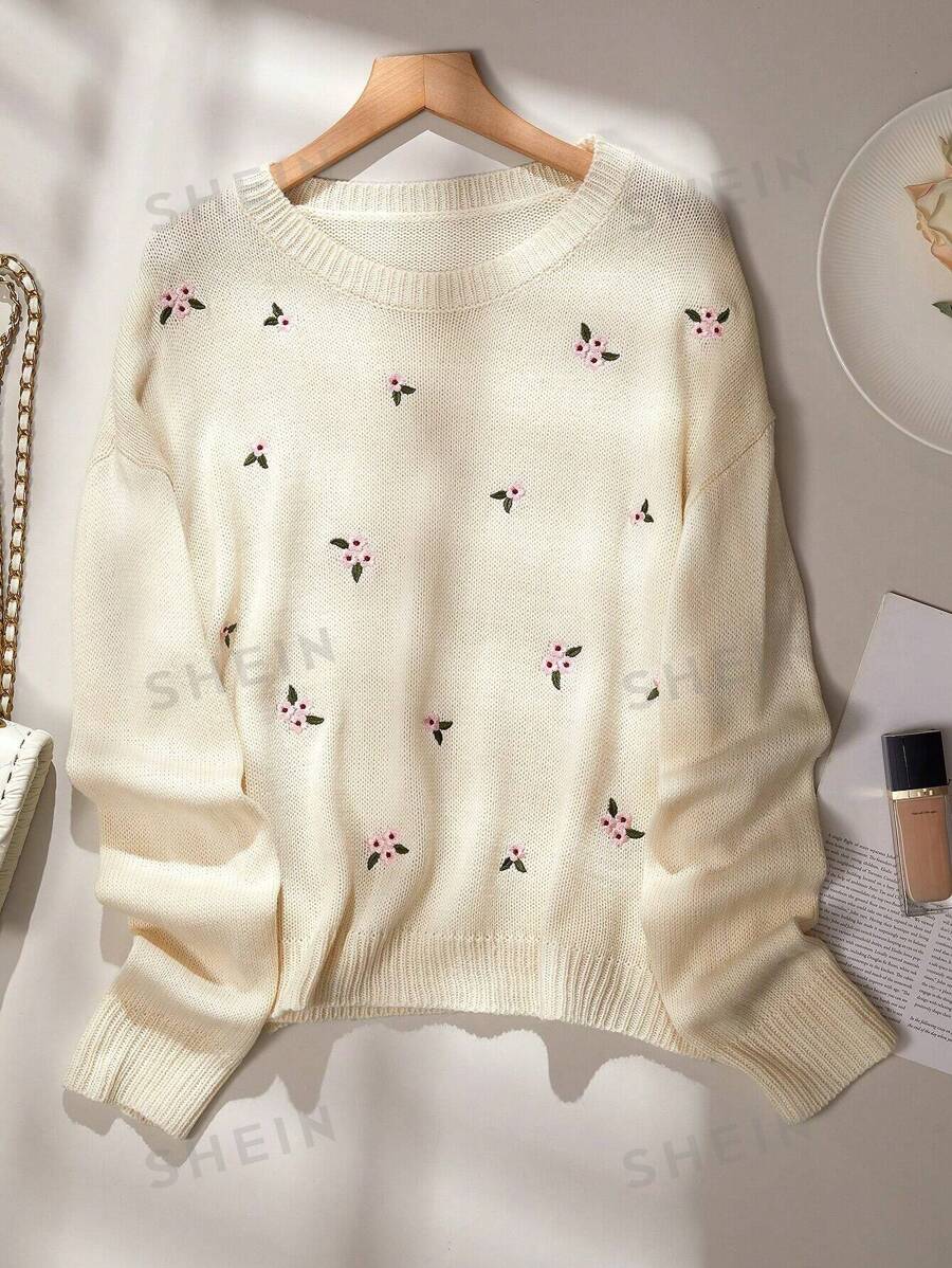 SHEIN Unity Suéter con bordado floral, caída de hombros, manga larga