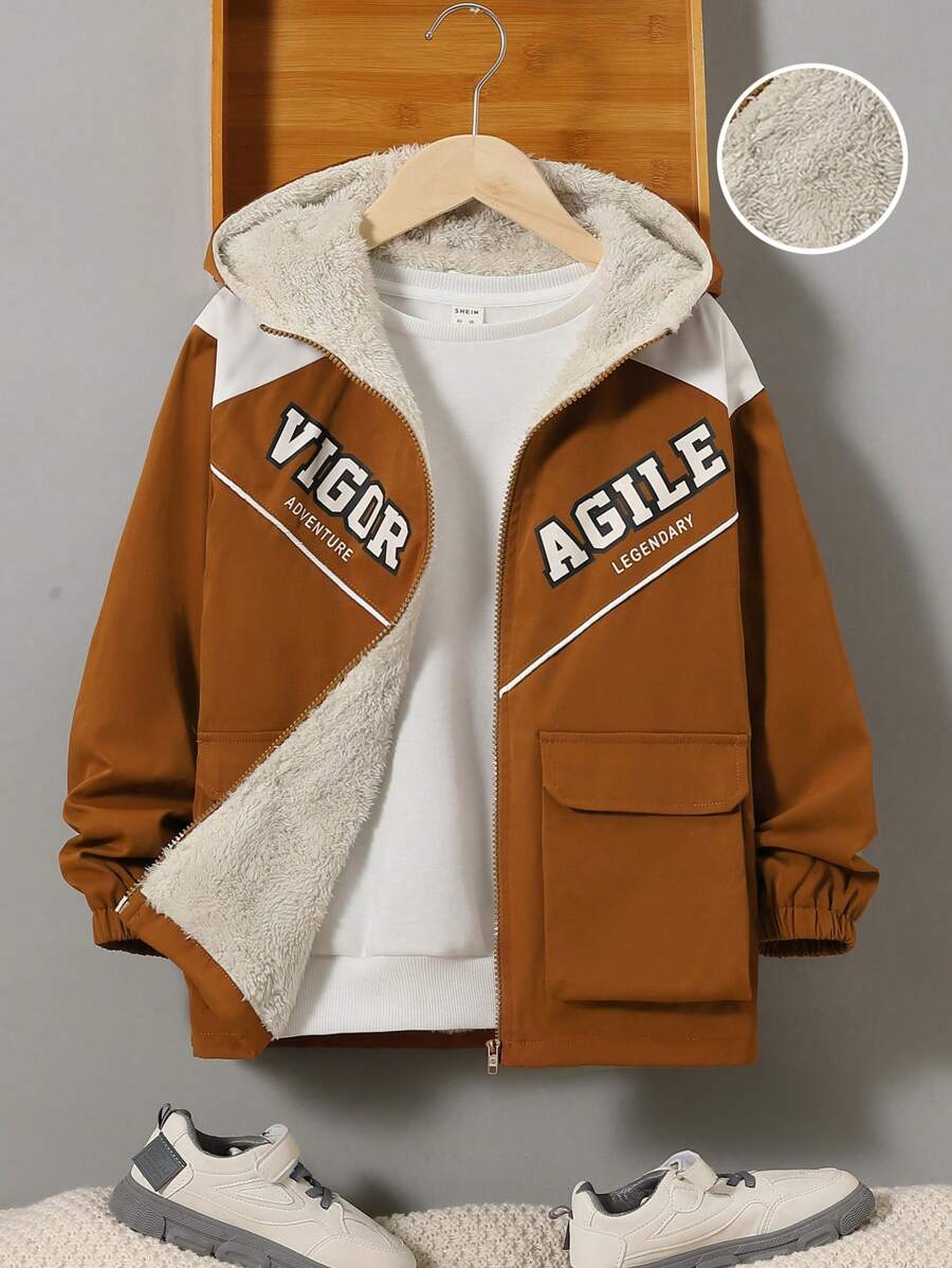 SHEIN Adolescent Garçon 1 pièce Manteau À Capuche À Lettres Poche À Rabat À Doublure Thermique