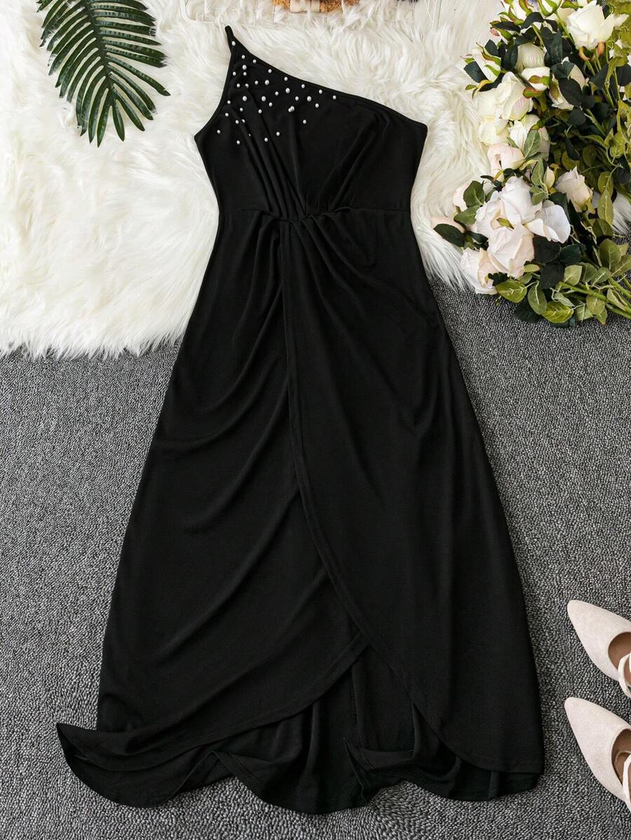 SHEIN Clasi Plus Pearls Beaded One Shoulder Twist Front Wrap Hem Dress
