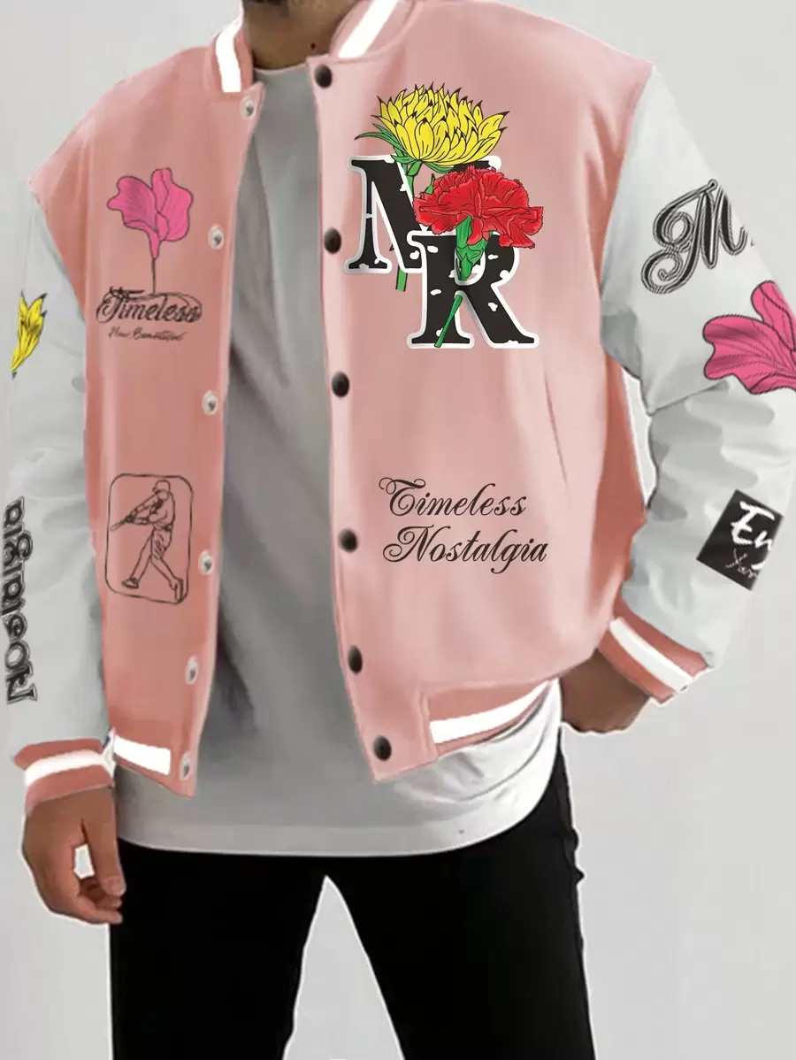 Manfinity EMRG 1 pezzo Uomo Bomber con grafica floreale e lettera, colorato, divertente, maniche lunghe, da uscire, regalo per il fidanzato, Giacca da baseball