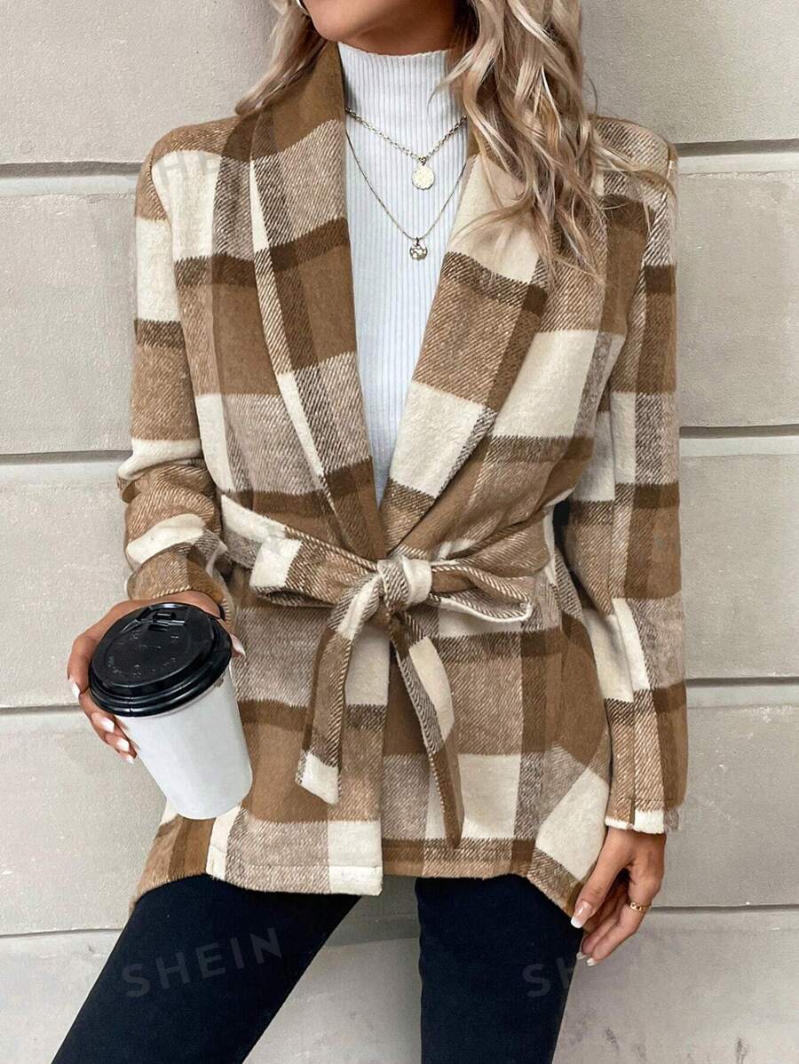 SHEIN LUNE Abrigo con estampado de cuadros con cinturón
