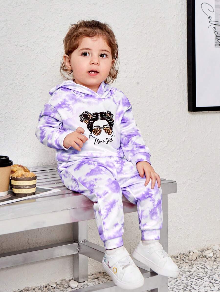 SHEIN Bebé niña Pantalones deportivos con capucha de tie dye con estampado de dibujos animados