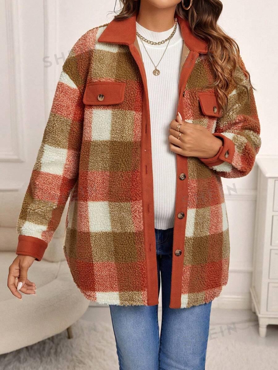 SHEIN Abrigo tipo teddy con estampado de cuadros a la caída de hombros, para embarazadas, para invierno