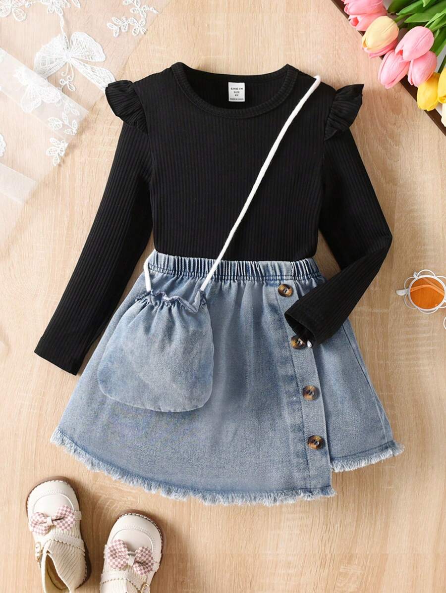 SHEIN Chica Joven ribete con fruncido Camiseta & ribete crudo bajo asimétrico Falda & Bolso