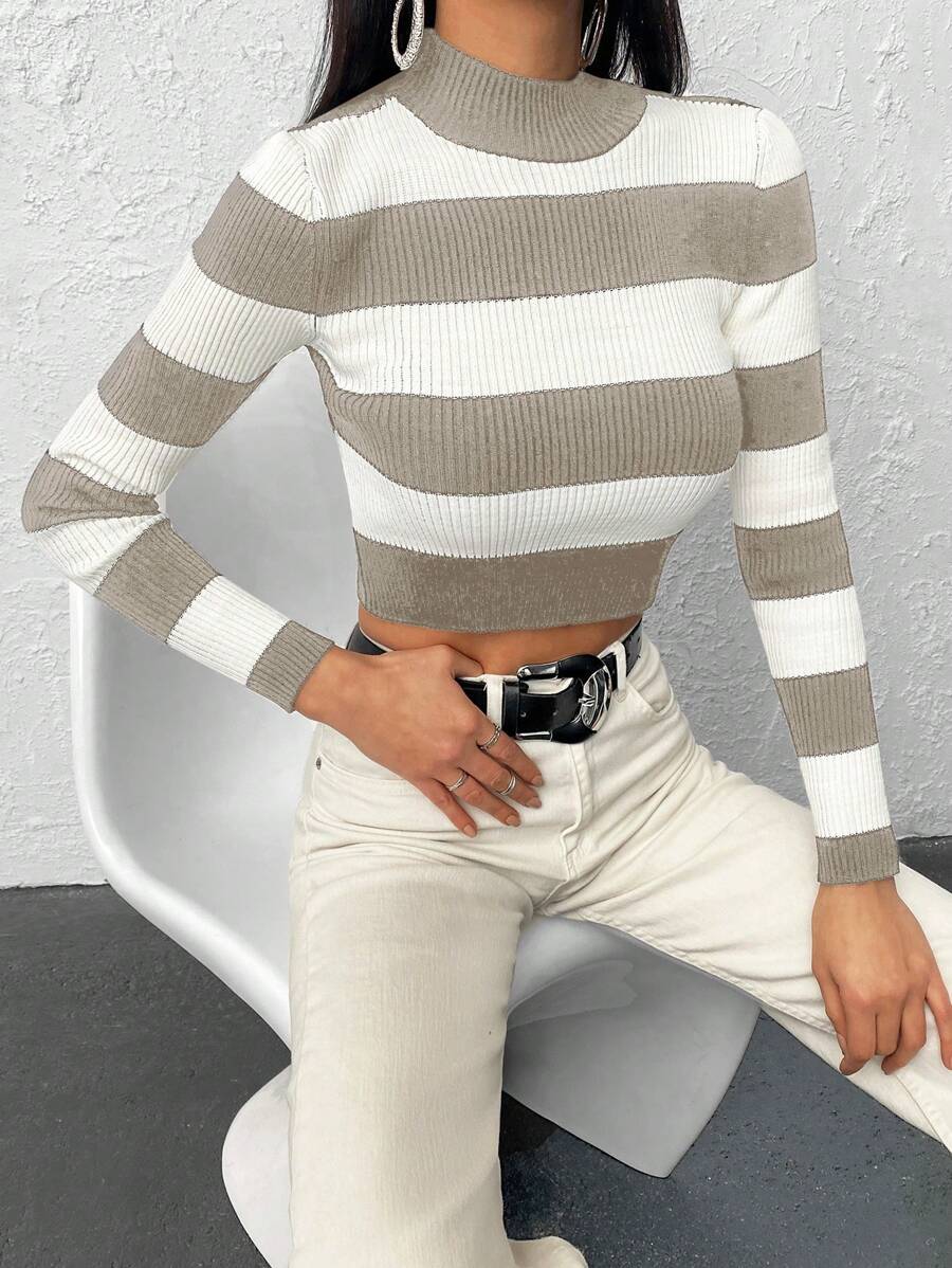Two Tone Mock Neck Crop Sweater