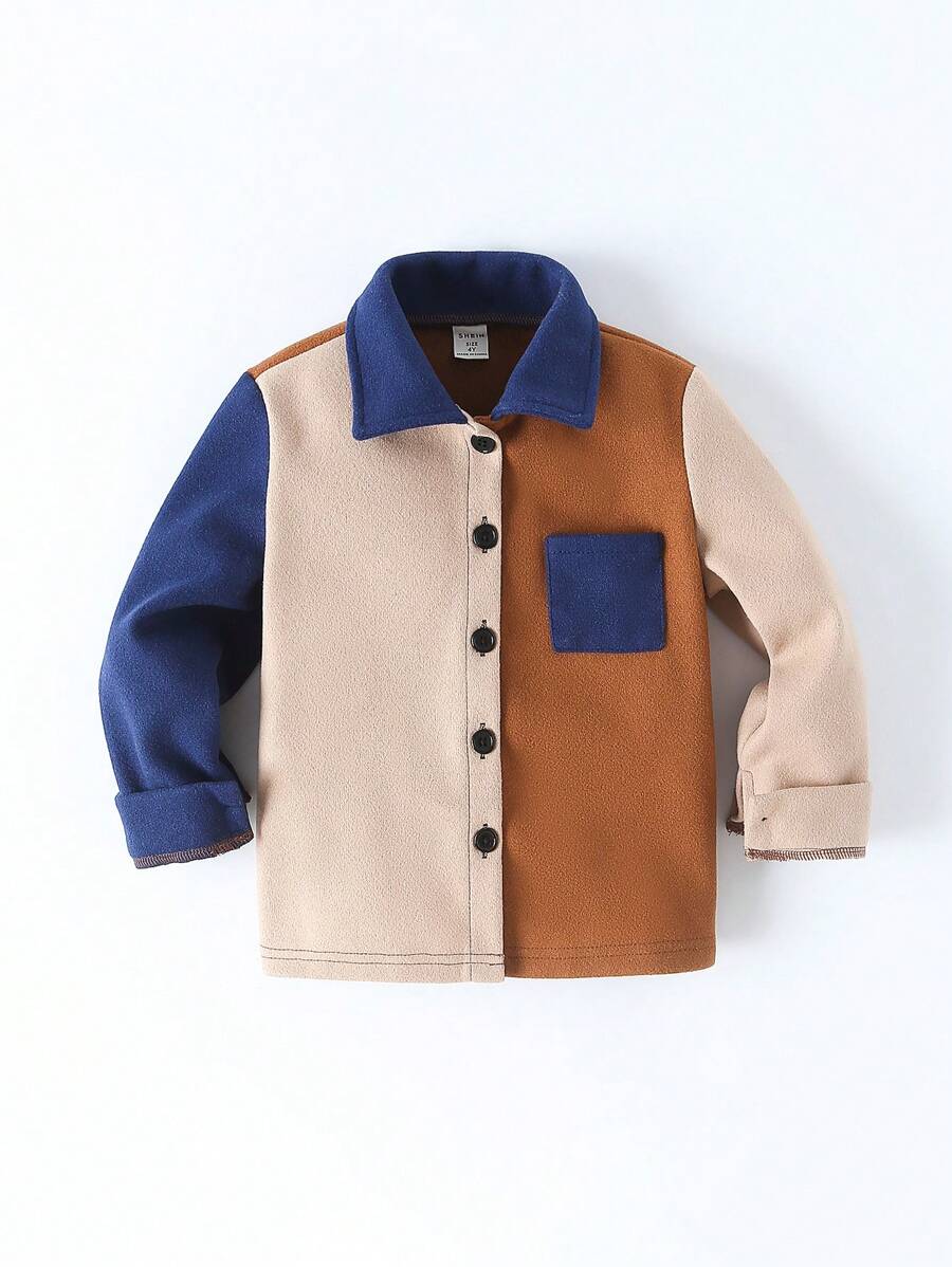 Jeune Garçon Manteau À Blocs De Couleurs Patch À Poche À Bouton