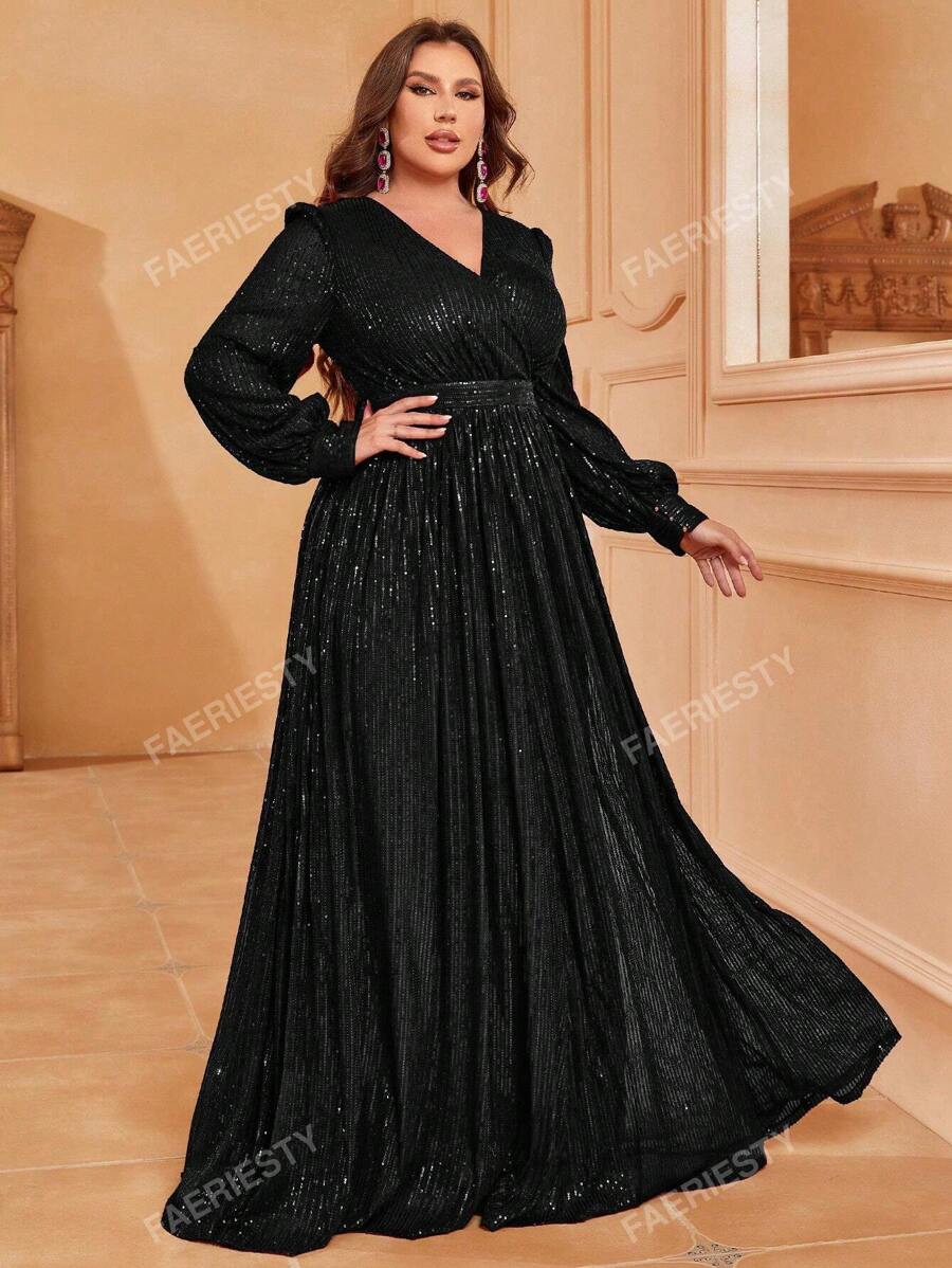 Faeriesty Plus Surplice Neck Lantern Sleeve Sequin Formal Dress Black Elegant Long Sleeve Prom Evening Wedding Guest Gown, For Graduation, Dinner Party Dress