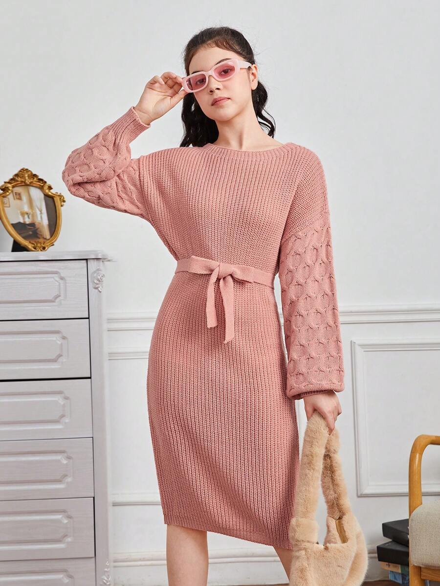 Teenager Mädchen Pulloverkleid mit Drop Shoulder Gürtel,
