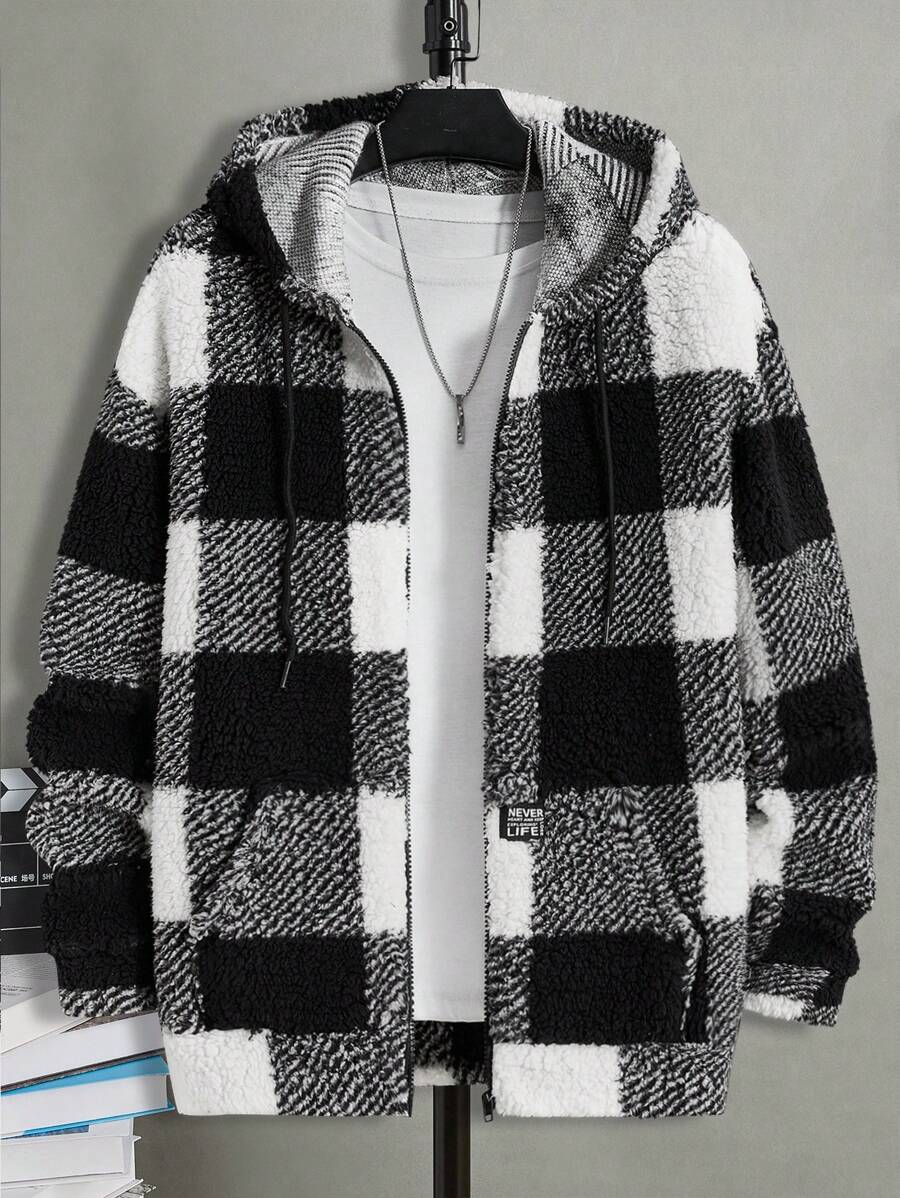 Manfinity VCAY Hombres Chaqueta Teddy Con Capucha Con Estampado De Cuadros De Búfalo, Hombro Caído Con Cordón Pero Sin Camiseta