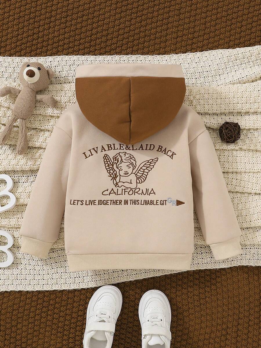 Baby Girl Embroidery Slogan & Angel Pattern Contrast Hoodie