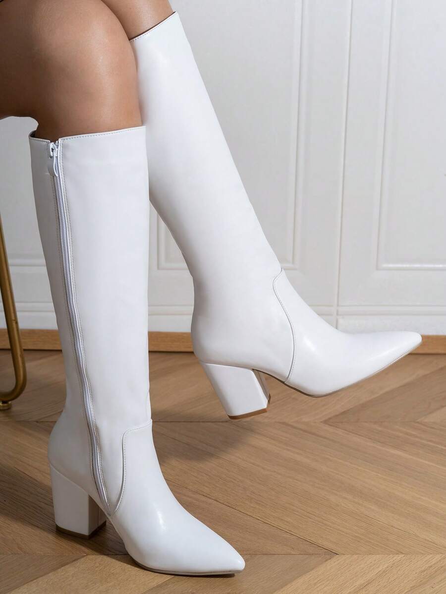 New Arrival Pointed Toe High Heel Long Boots For Women, White Chunky Heel Fashion Boots