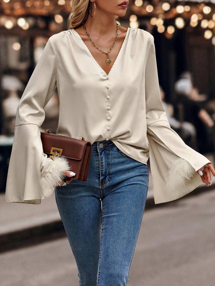 SHEIN Clasi Blouse Unicolore À Bouton Manches Évasées