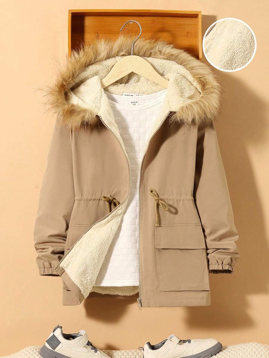 SHEIN Adolescent Garçon 1 pièce Manteau À Capuche À Cordon À Ourlet Duveteux À Doublure En Tissu Duveteux