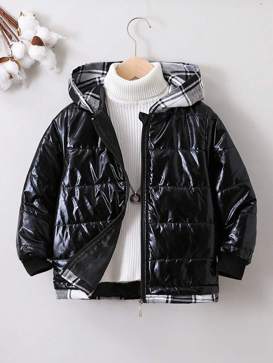 SHEIN Young Boy Plaid Zip Up Hooded Padded Coat Without Sweater