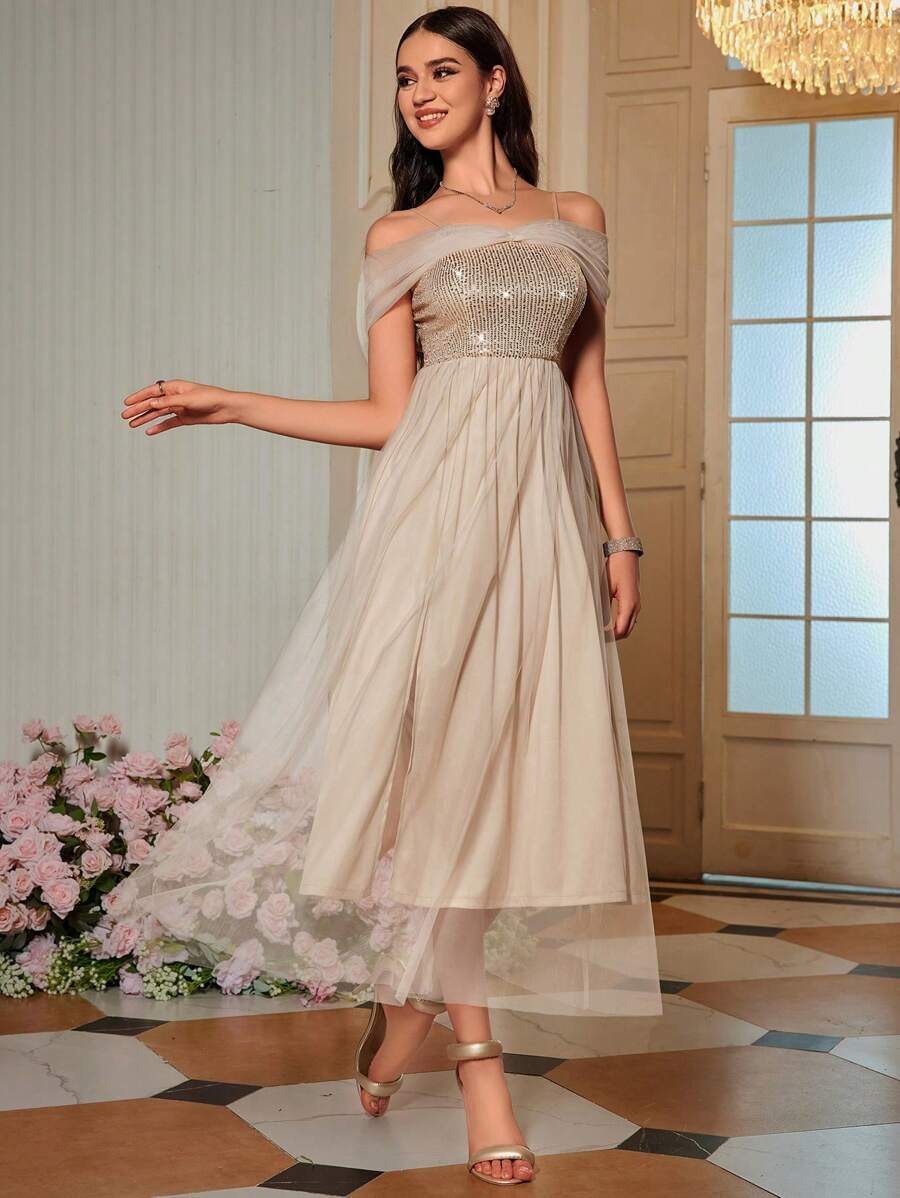 SHEIN Belle Off Shoulder Contrast Sequin Mesh Bridesmaid Dress, Semi Formal Dress