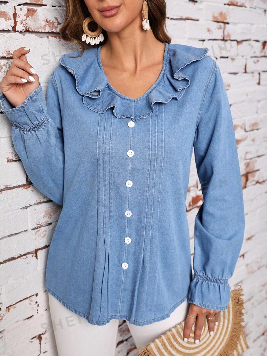 SHEIN LUNE Camisa mezclilla ribete con fruncido de manga con volante con botón delantero