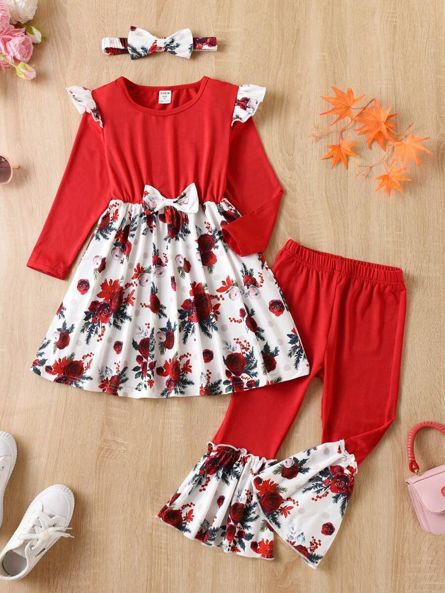 SHEIN Young Girl Floral Print Ruffle Trim Bow Front Dress & Flare Leg Pants & Headband