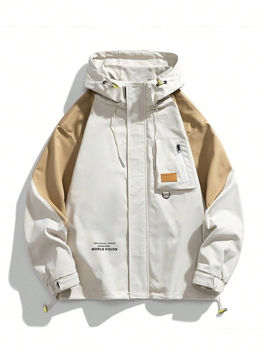 Chaqueta de hombres Cordón Bolsillo Cremallera Parches Color combinado Letras Casual
