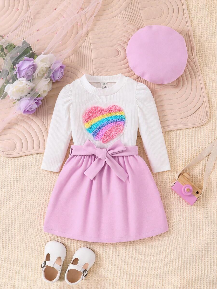 Bimba con stampa cuore con manica a sbuffo Maglietta & con cintura Gonne & Cappello