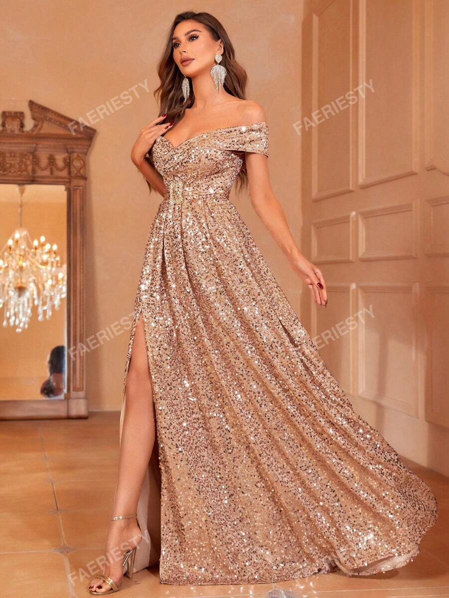 Faeriesty Off Shoulder Split Thigh Sequin Formal Dress Elegant Prom Evening Wedding Guest Gown, For Graduation, Dinner Party Dress
