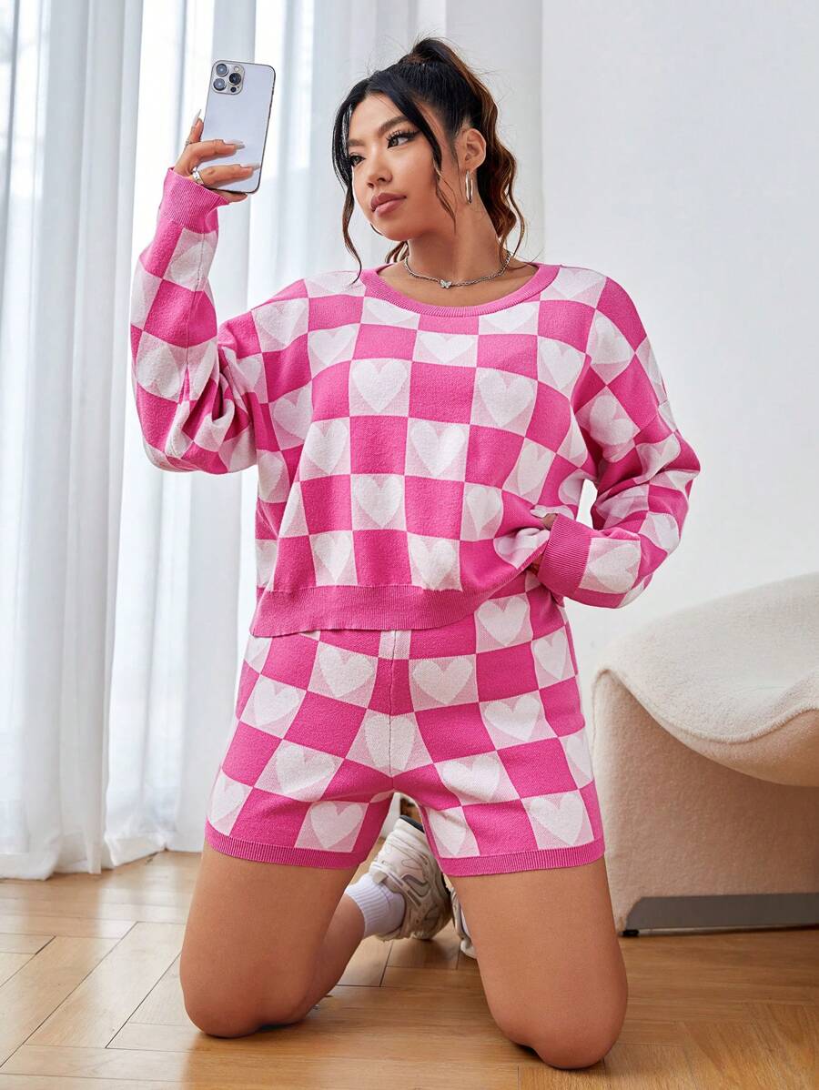 SHEIN EZwear Plus Checker Pattern Drop Shoulder Sweater & Knit Shorts