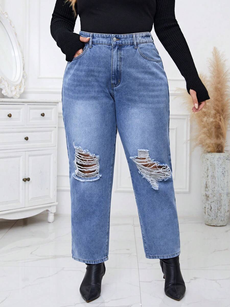 SHEIN Essnce Plus Ripped Mom Fit Jeans