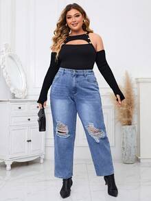 SHEIN Essnce Plus Ripped Mom Fit Jeans