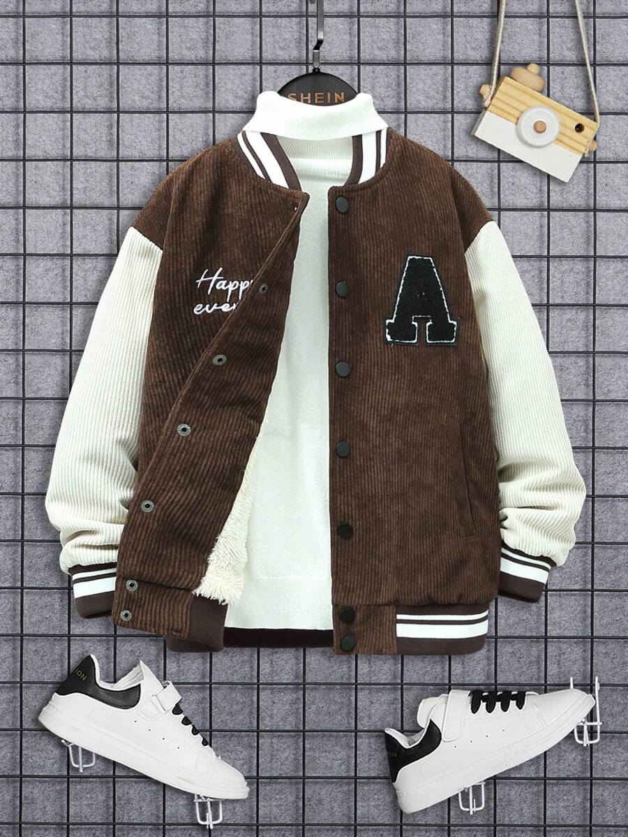SHEIN Garoto pré-adolescente Letra Corrigida Guarnição Listrada Ombro Caído Forro de Pelúcia Jaqueta Varsity Sem Camiseta