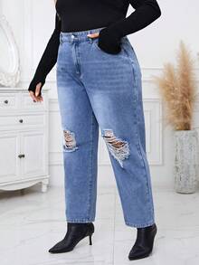 SHEIN Essnce Plus Ripped Mom Fit Jeans