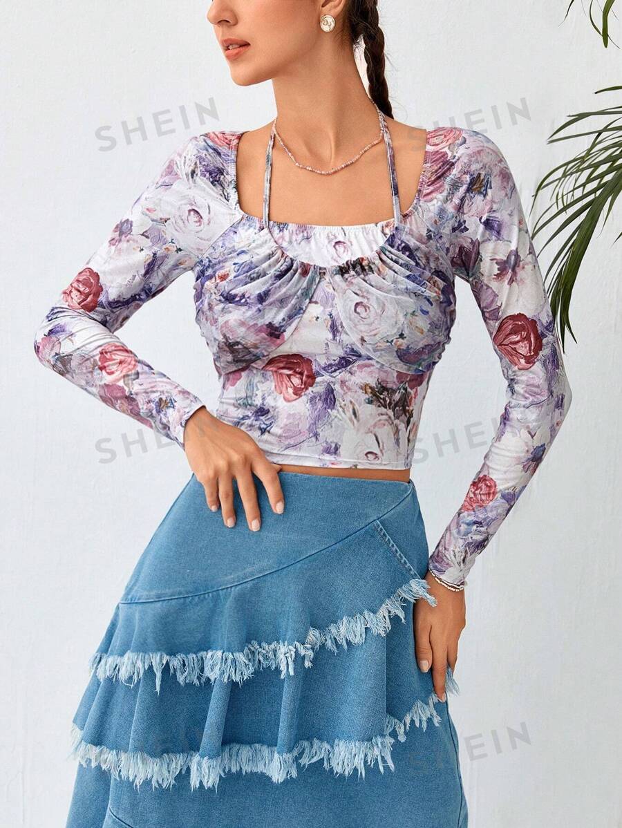 Soleia Camiseta corta con estampado floral y lazo en la espalda