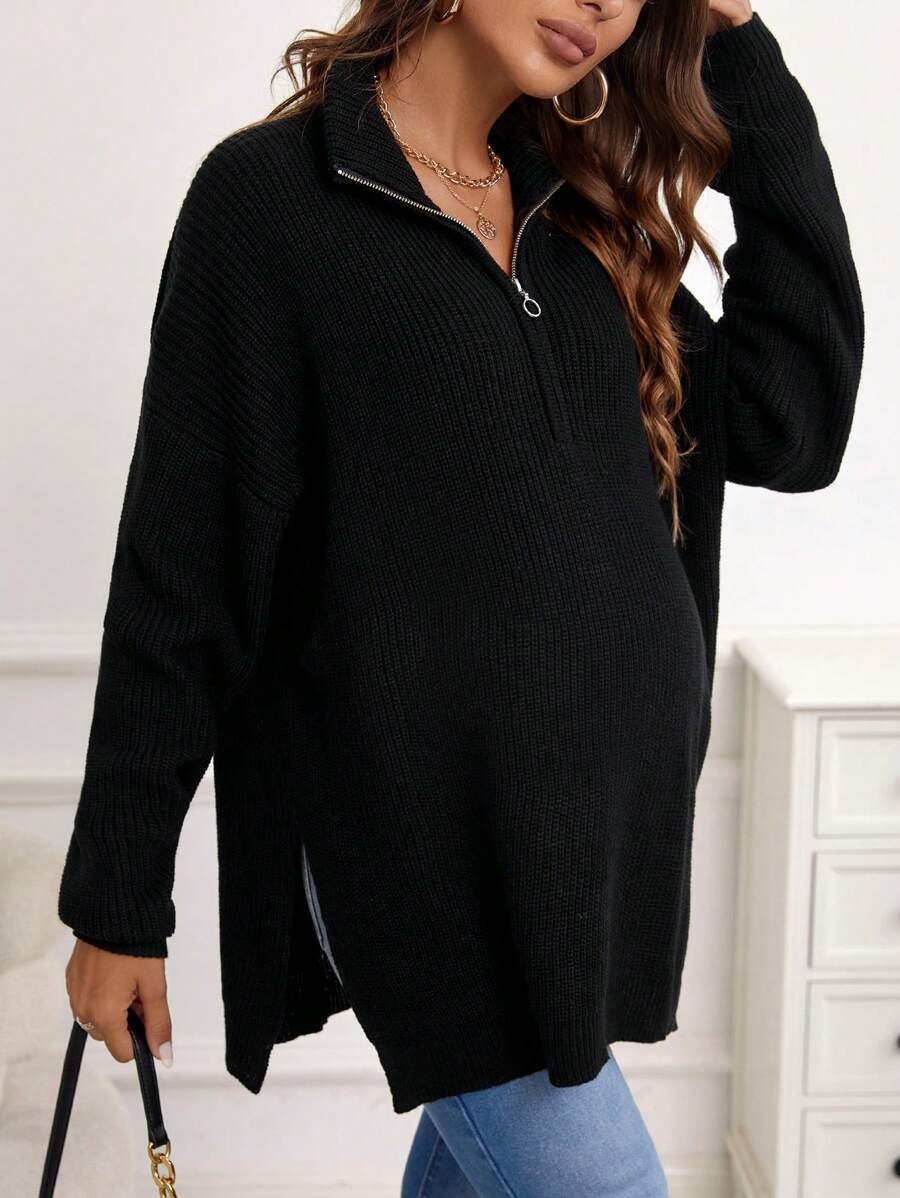 SHEIN Maternity Half Zip Drop Shoulder Split Hem Sweater With Long Sleeve, For Winter