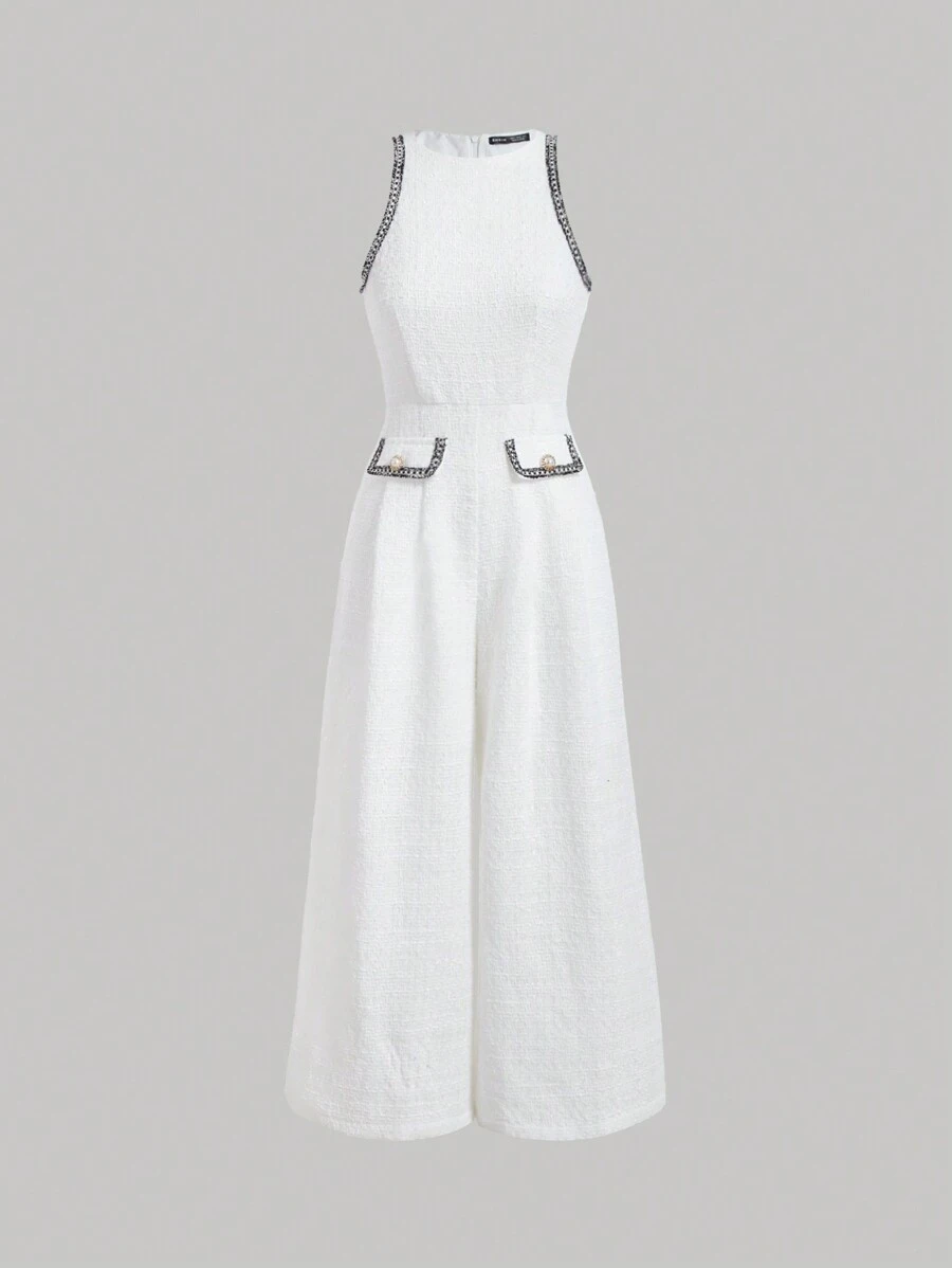 SHEIN MOD Contrast Trim Flap Detail Wide Leg Jumpsuit