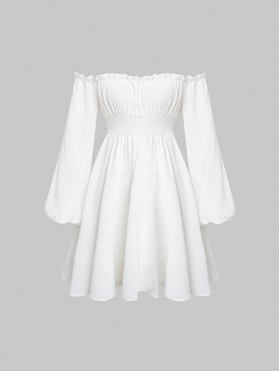 Sweetra Off Shoulder Lantern Sleeve Frill Trim Dress