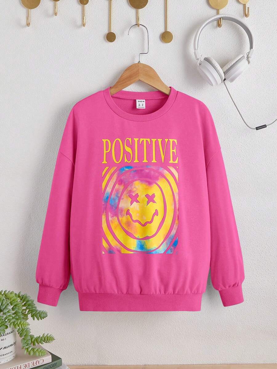 SHEIN Tween Girl Letter & Cartoon grafische trui met verlaagde schouder