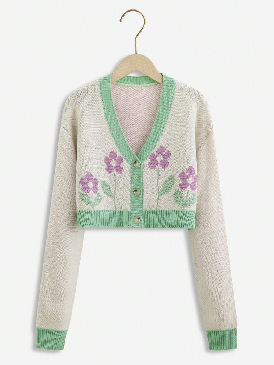 Teen Girl Floral Pattern Drop Shoulder Cardigan