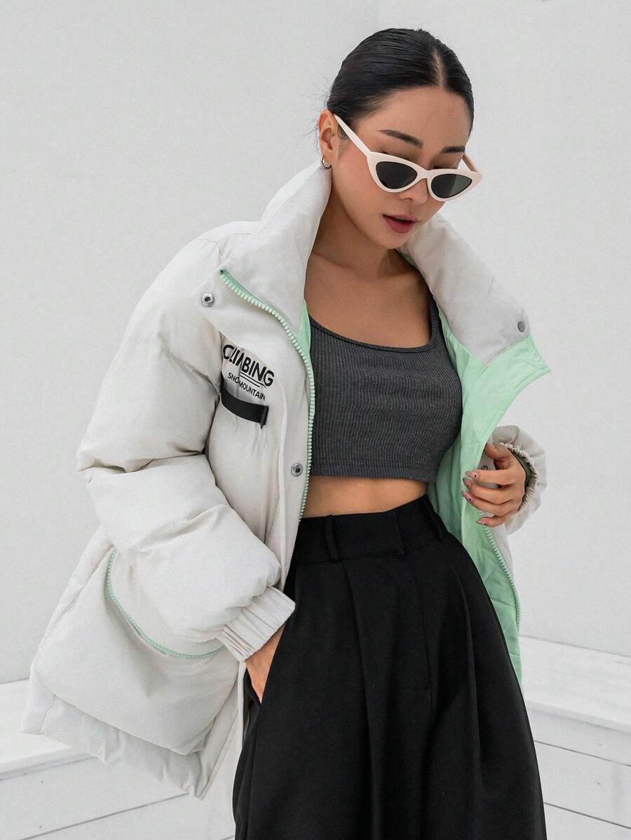 DAZY Letter Graphic Slant Pocket Puffer Thick Pockets Coat ,Winter Women Clothes,Winter Coat Women