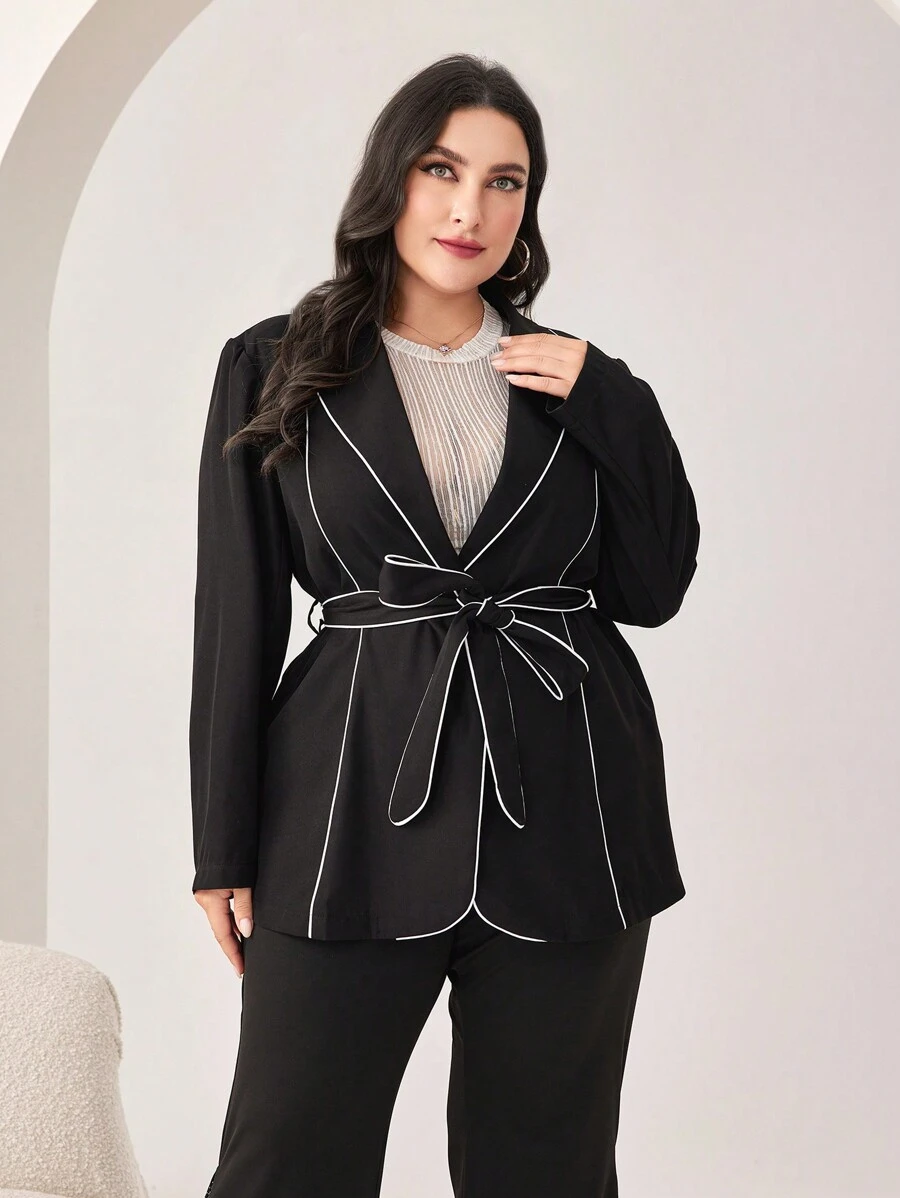 Modelyn Plus Contrast Piping Belted Blazer