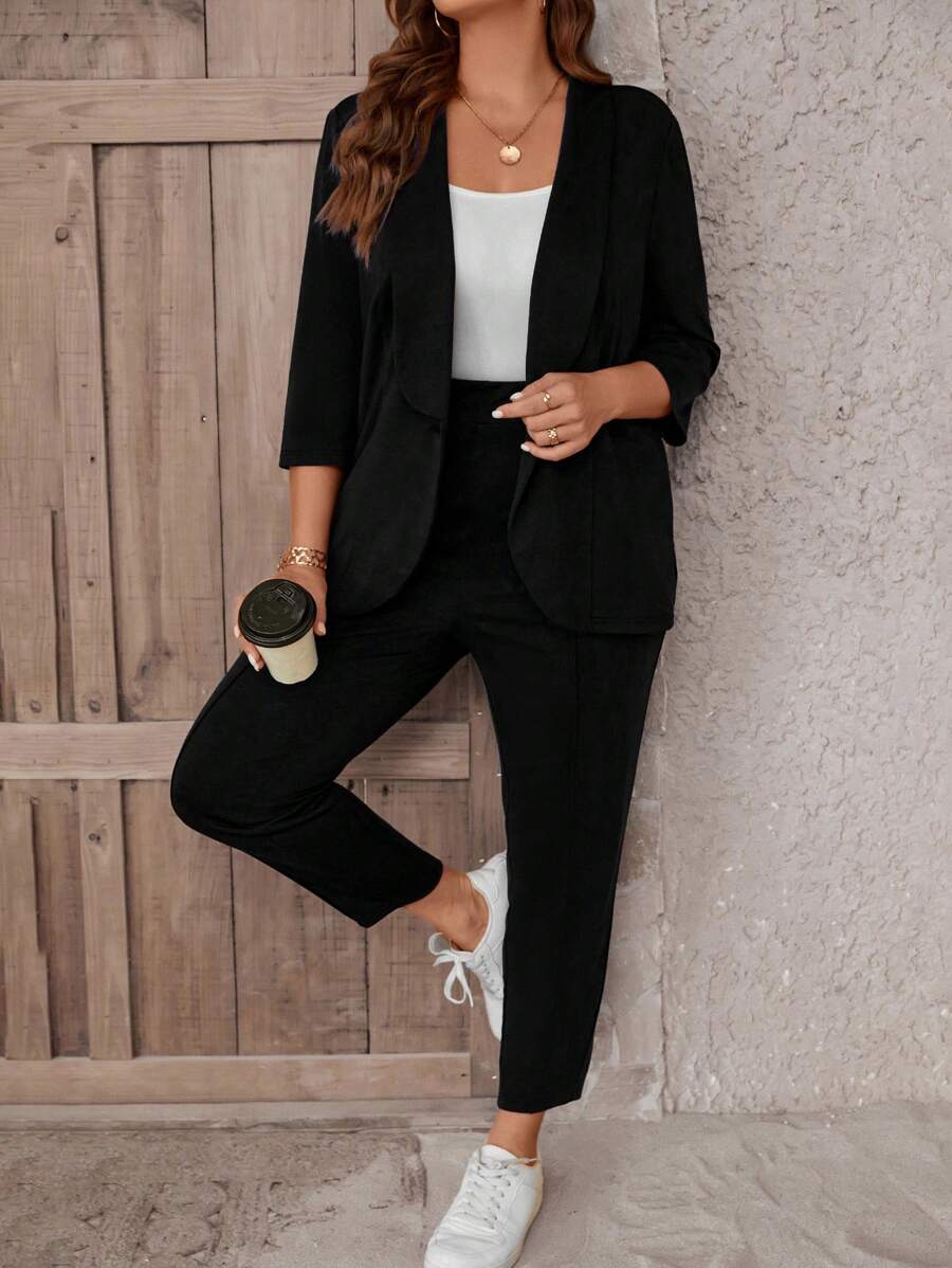 SHEIN LUNE Große Größe Hose & Blazer Schalkragen, offener Front