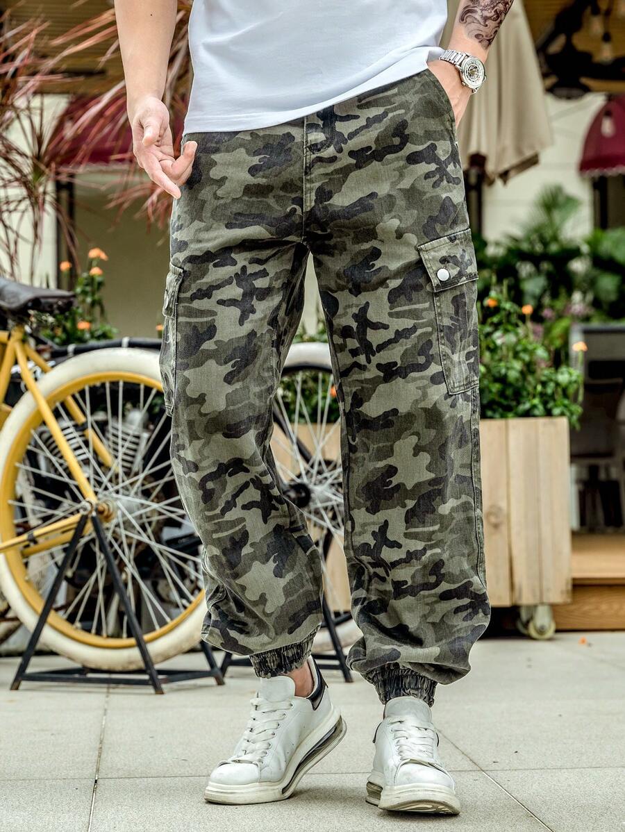 Manfinity EMRG Jeans Cargo Da Uomo Con Stampa Mimetica, Vestibilità Ampia, Con Tasche Con Patta