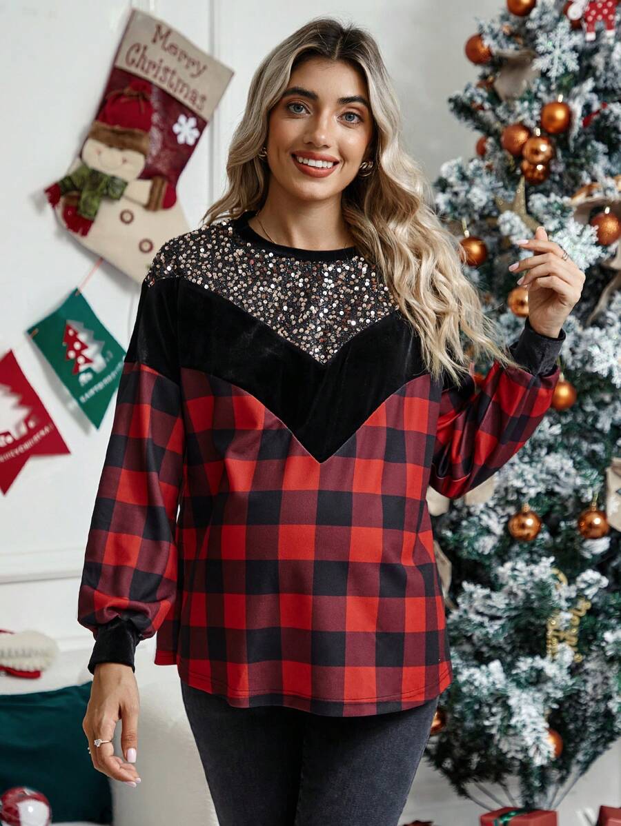 SHEIN Maternity Buffalo Plaid Print Contrast Sequin Drop Shoulder Sweatshirt, For Winter