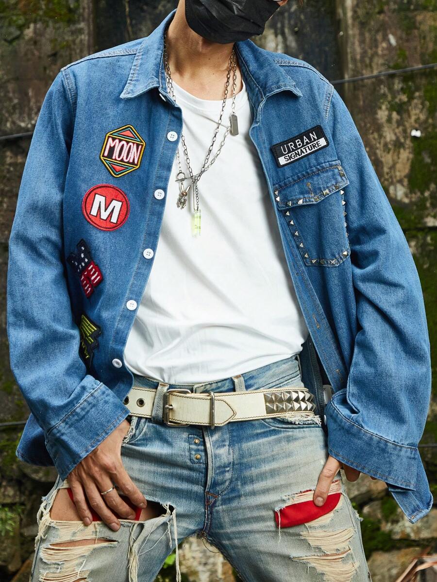 Manfinity EMRG Hombres Camisa vaquera con bolsillo con solapa y parche con letra