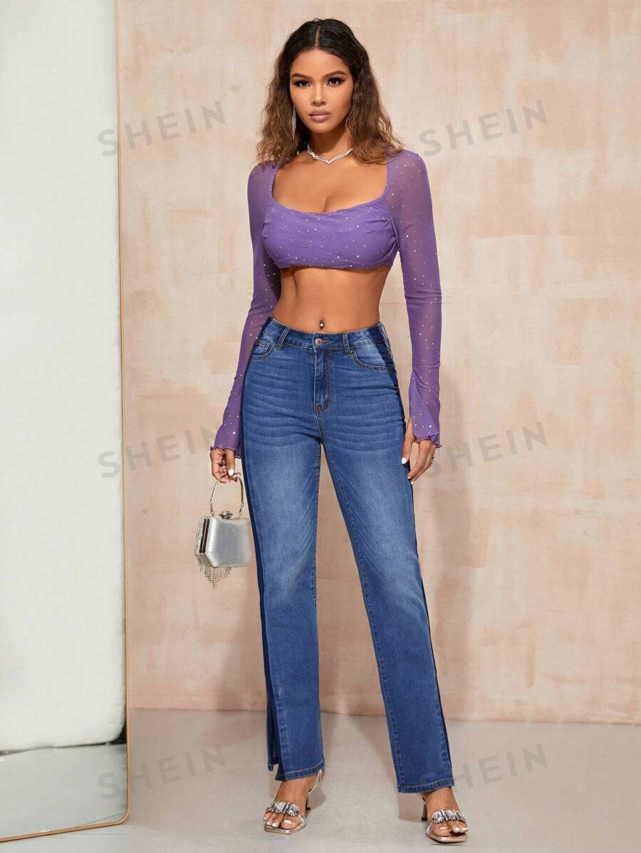 SHEIN BAE Jeans de pierna recta de talle alto bajo con abertura