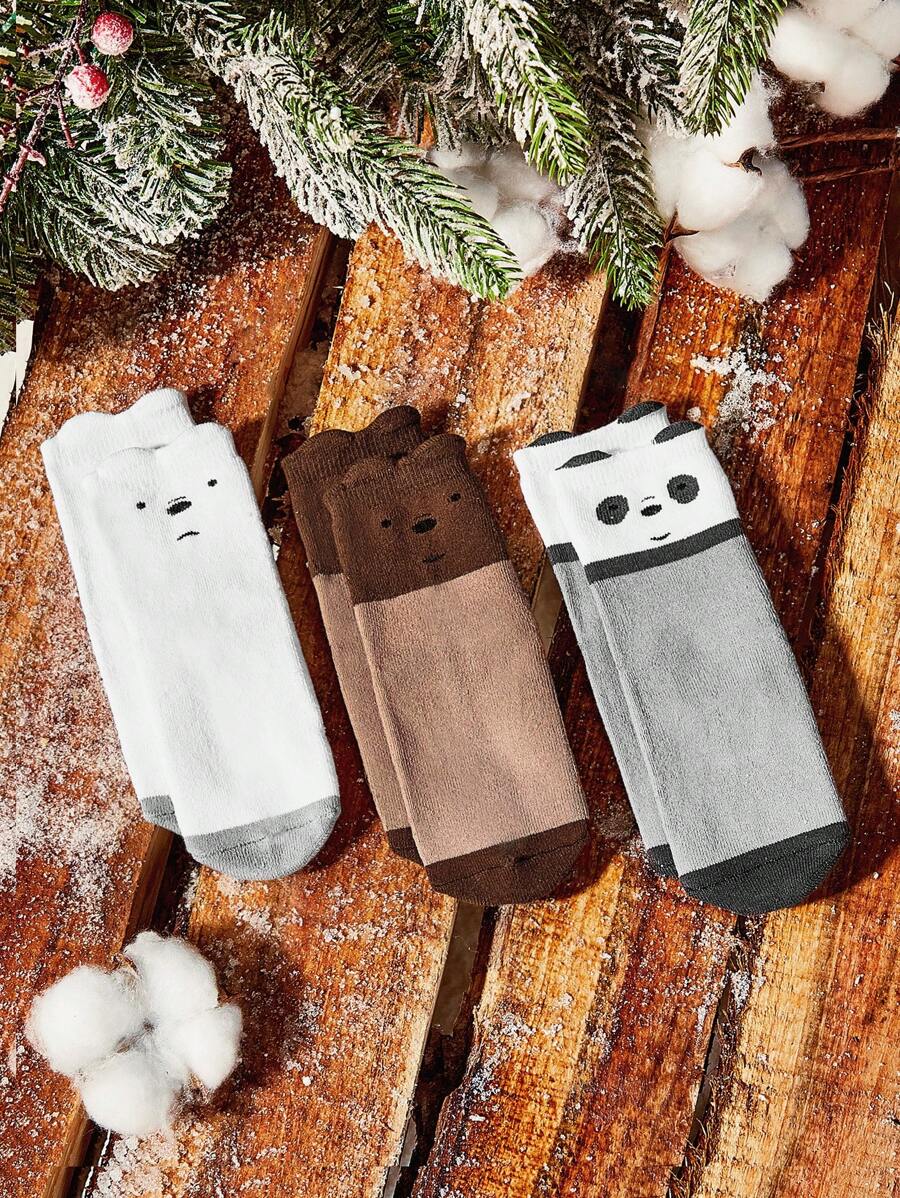 We Bare Bears X SHEIN Calcetines De Bebé Gruesos Y Cálidos A Media Pantorrilla, 3 Pares