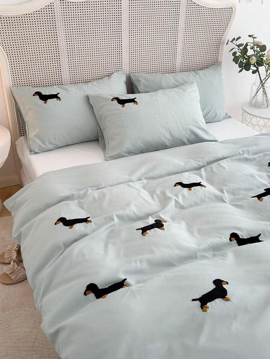 3pcs 100% Polyester Dachshund Embroidery Duvet Cover Set Without Filler,(1Duvet Cover &2 Pillowcases), Modern Polyester Bedding Set For All Season