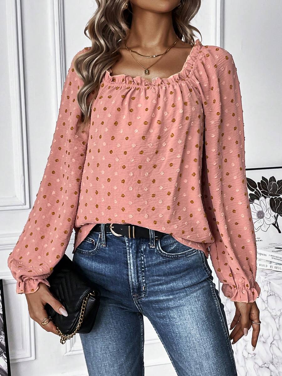 SHEIN LUNE Swiss Dot Flounce Sleeve Frill Trim Blouse