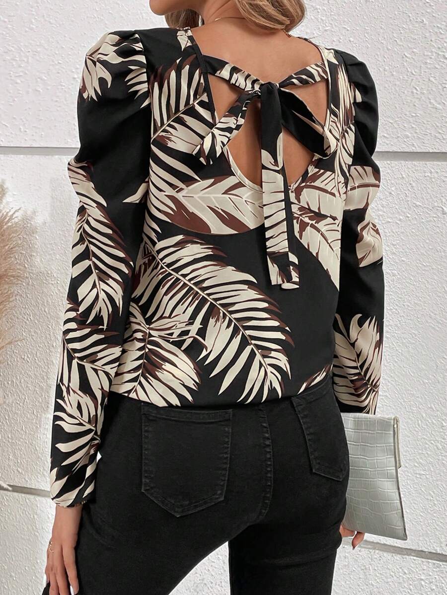 SHEIN Frenchy Blouse Imprimé Tropical À Nœud Manches Gigot