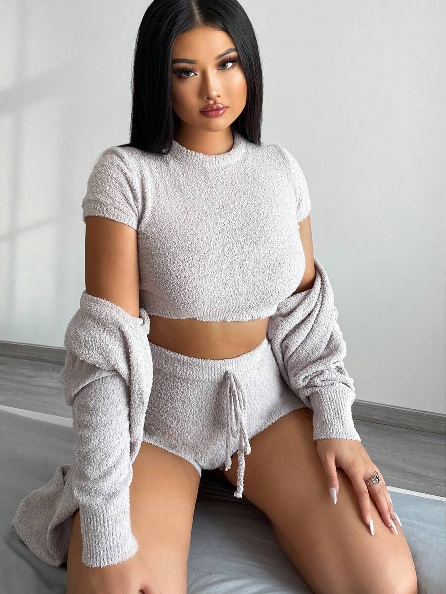 Chiquease Solid Knit Top and Drop Shoulder Cardigan and Knit Shorts