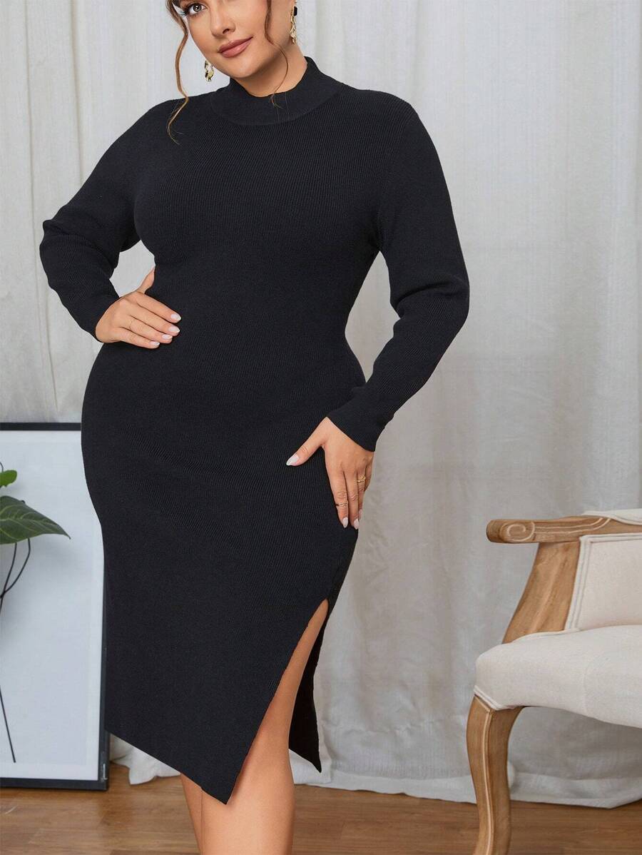 SHEIN Essnce Plus Mock Neck Split Thigh Sweater Dress