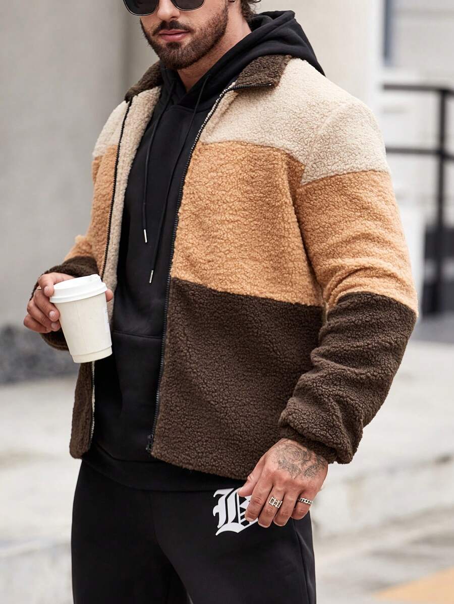 Manfinity Homme Homens Bloco De Cores Jaqueta de Pelúcia