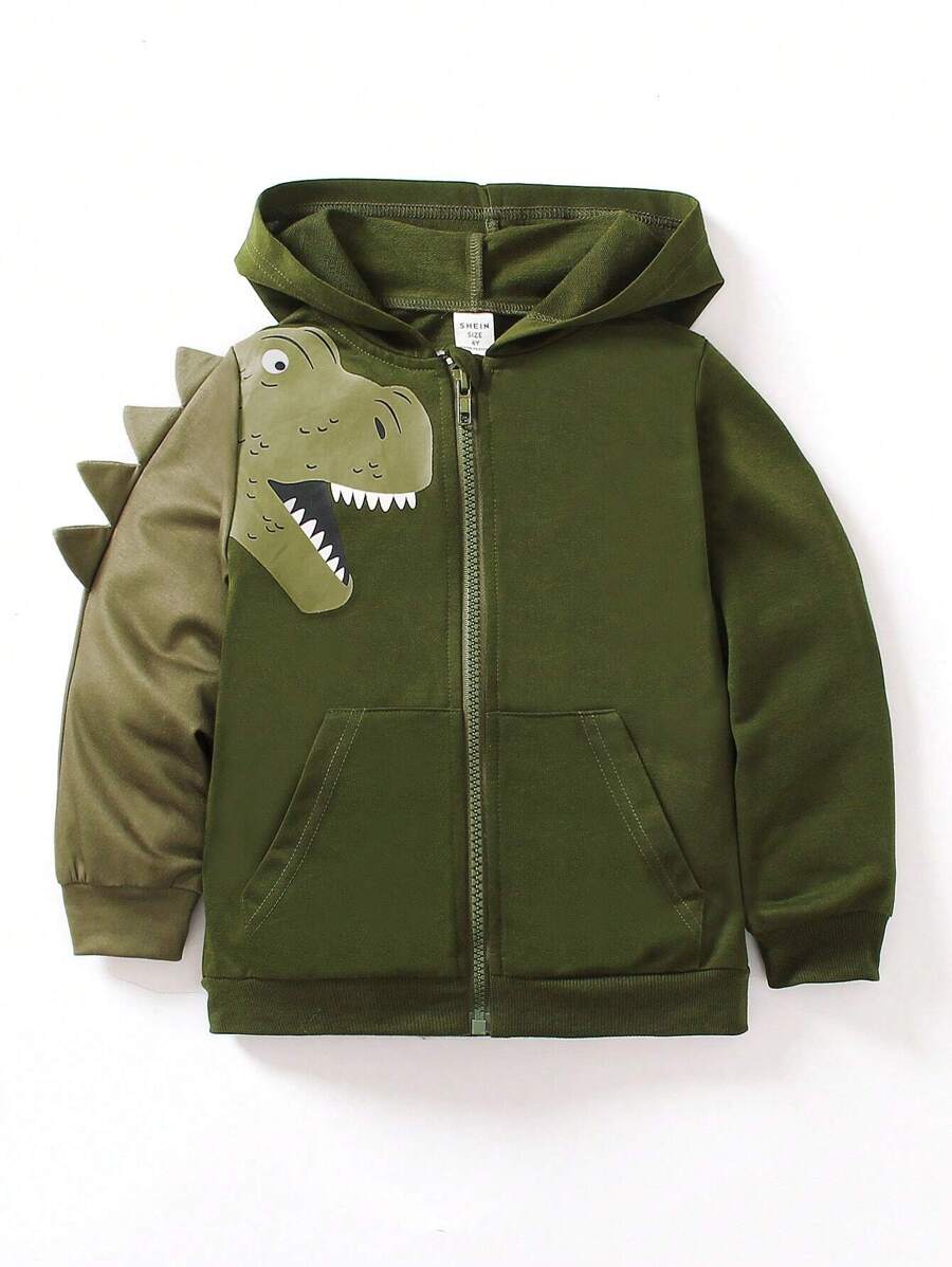 SHEIN Young Boy Dinosaur Printed Zip-Up Sports Jackets For Autumn Outfits, Hooded Sweatshirt